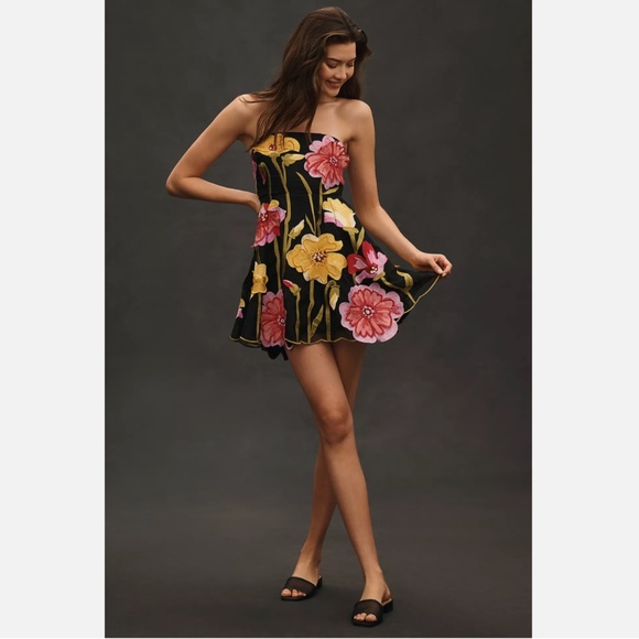 NWT BY ANTHROPOLOGIE STRAPLESS FLORAL ORGANZA MINI DRESS - Picture 1 of 3